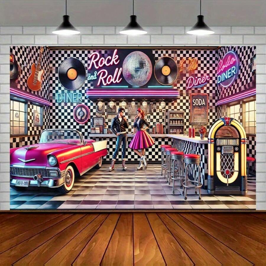 1 件复古摇滚咖啡馆涤纶背景，复古派对横幅，多用途房间装饰，适用于家庭、花园、工作室和户外庆祝活动，防褪色工作室背景