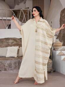 Elegante vestido árabe bordado en dorado JALABIA Bata de Ramadán con cuello de flecos en V, bajo con abertura y diseño geométrico cuadrado, último diseño para el Festival de Ramadán, verano 2026 - Albaricoque - Ver 8