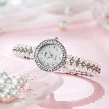 复古时尚休闲珠宝珍珠手链手表，女士情人节、母亲节礼物，合金表壳 - 均碼-十二鑽表面 - 查看 2