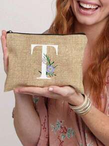 1 Peça Nécessaire com Estampa de Letra de A a Z, Presente para Meninas, Bolsa de Armazenamento com Padrão de Letra Fofo Retrô Simples da Moda com Estampa, Nécessaire para Armazenamento de Itens Pequenos, Bolsa para Cosméticos, Bolsa Leve e Dobrável para Armazenamento, Bolsa Simples para Compras, Nécessaire Presente para Professores, Armazenamento para Enfermeiros, Médicos e Professores, Adequado para Armazenamento de Cosméticos de Viagem Pessoal - Caqui - Visão 8