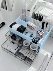 1个带抽屉的化妆品收纳盒，大容量化妆品整理盒，化妆刷收纳架，适合存放口红、珠宝、美甲用品、护肤品，也可用于浴室梳妆台、桌面装饰、文具、返校用品、节日礼物、圣诞礼物等。