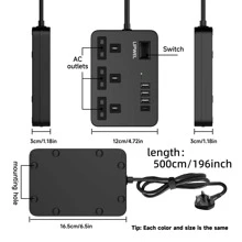 电源 7 合 1 扁平插头电源插座延长线，4 个 USB 充电端口延长插座，壁挂式，一键电源控制，过载保护，13A 3120W 电源插座，黑白金，适用于家庭办公室