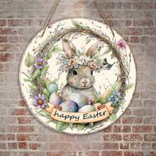 Happy Easter Bunny And Egg Wreath Sign - Round Wood Spring Decoration For Homes, Walls, Doors - Perfect For Farmhouses And Porches