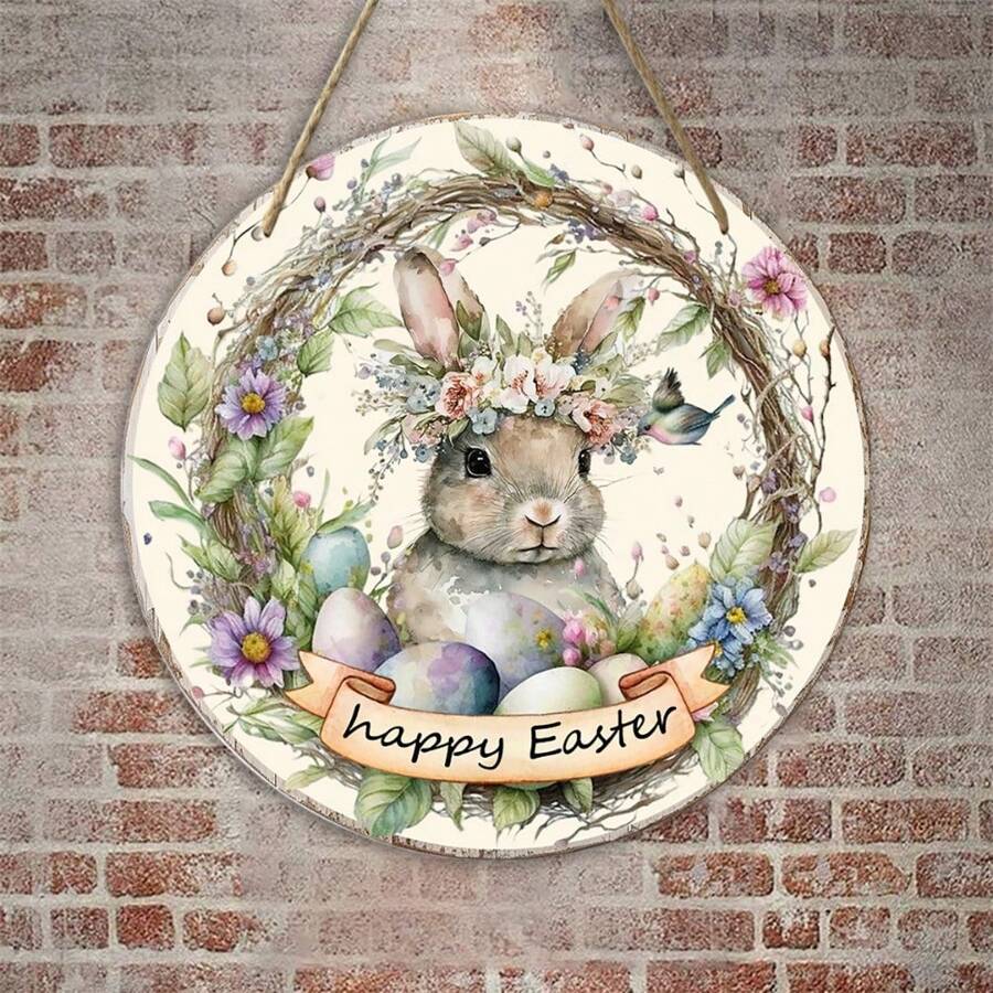 Happy Easter Bunny And Egg Wreath Sign - Round Wood Spring Decoration For Homes, Walls, Doors - Perfect For Farmhouses And Porches