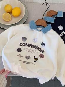 2 件春季儿童连帽运动衫，男女通用卡通小狗牛仔领套头衫，时尚