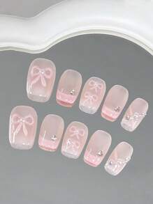10片粉色手绘蝴蝶结短款芭蕾舞女孩美甲假指甲，甜美法式美甲设计，精致亮丽，手工可重复使用美甲贴片，美甲用品，手工美甲贴片 - 淺粉色 - 查看 2