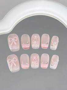 10片粉色手绘蝴蝶结短款芭蕾舞女孩美甲假指甲，甜美法式美甲设计，精致亮丽，手工可重复使用美甲贴片，美甲用品，手工美甲贴片 - 淺粉色 - 查看 1
