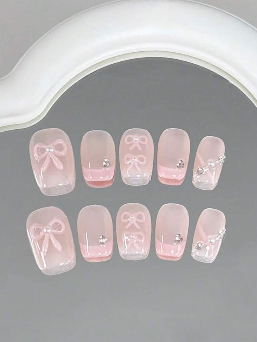 10片粉色手绘蝴蝶结短款芭蕾舞女孩美甲假指甲，甜美法式美甲设计，精致亮丽，手工可重复使用美甲贴片，美甲用品，手工美甲贴片 - 淺粉色 - 查看 1