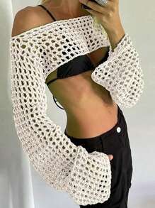 休闲纯色喇叭袖镂空针织短款毛衣 - 卡其色 - 查看 2