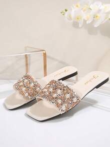 Plus Size Fashion Pearl Decor Flat Mule Sandals, Open Toe, Slip-On, Suitable For Casual, Beach, Holiday Wear - Beige - View 8