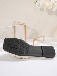 Plus Size Fashion Pearl Decor Flat Mule Sandals, Open Toe, Slip-On, Suitable For Casual, Beach, Holiday Wear - Beige - View 9