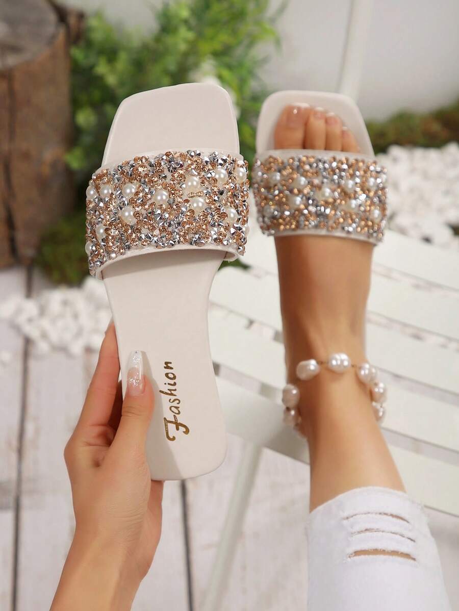 Plus Size Fashion Pearl Decor Flat Mule Sandals, Open Toe, Slip-On, Suitable For Casual, Beach, Holiday Wear