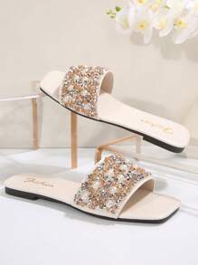 Plus Size Fashion Pearl Decor Flat Mule Sandals, Open Toe, Slip-On, Suitable For Casual, Beach, Holiday Wear - Beige - View 7