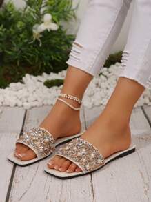 Plus Size Fashion Pearl Decor Flat Mule Sandals, Open Toe, Slip-On, Suitable For Casual, Beach, Holiday Wear - Beige - View 3