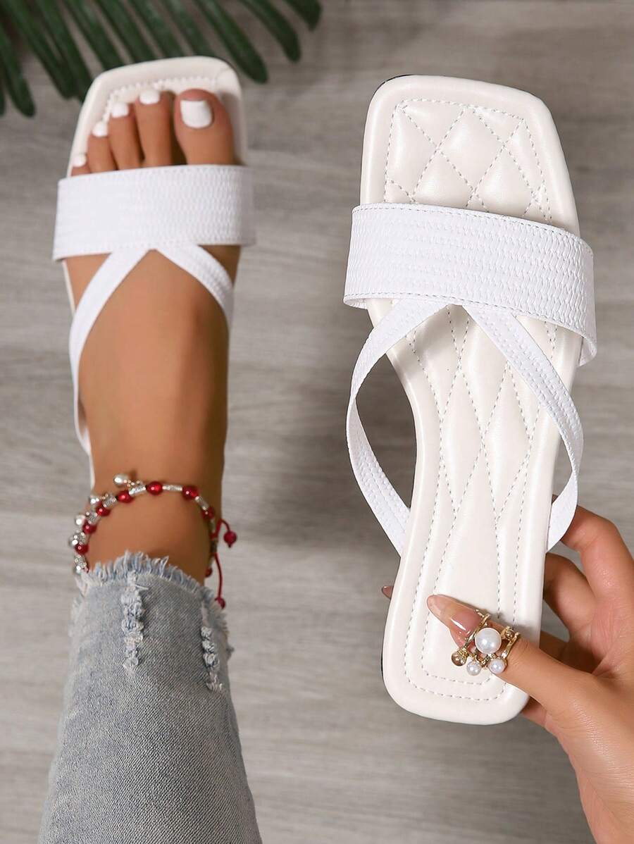 女士时尚百搭系带纯色平底凉鞋，厚实舒适软底户外度假风格沙滩拖鞋 - 白色 - 查看 1