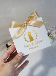Custom Mini Wedding Favor Boxes: Elegant Boxes With Gold Design ,Names Of The Groom And Bride, Wedding Date, Featuring Lovely Satin Ribbons In Pink And Gold - Perfect For Treats, Chocolates, And Small Gifts For Weddings, Engagements, And Bridal Showers - 11.5x4.5x10cm - View 6