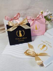 Custom Mini Wedding Favor Boxes: Elegant Boxes With Gold Design ,Names Of The Groom And Bride, Wedding Date, Featuring Lovely Satin Ribbons In Pink And Gold - Perfect For Treats, Chocolates, And Small Gifts For Weddings, Engagements, And Bridal Showers - 11.5x4.5x10cm - View 4