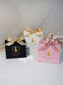 Custom Mini Wedding Favor Boxes: Elegant Boxes With Gold Design ,Names Of The Groom And Bride, Wedding Date, Featuring Lovely Satin Ribbons In Pink And Gold - Perfect For Treats, Chocolates, And Small Gifts For Weddings, Engagements, And Bridal Showers - 11.5x4.5x10cm - View 2