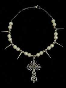 1pc Gothic Cross Spiked Pearl Necklace, Metal Accessories For Daily Outfit And Party