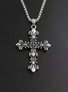 rundraw 1 件十字形花卉图案金属吊坠项链，男女通用，适合派对，适合日常服装配饰 - 復古銀色 - 查看 12