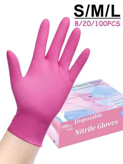 8/20/100 件粉色一次性丁腈手套，不含乳胶防水防静电多功能工作手套，3 密耳，无粉，防过敏，劳动保护手套适用于厨房、浴室、家庭、卫生间、染发、美容院、厨房烹饪、绘画、艺术和工艺品防护手套