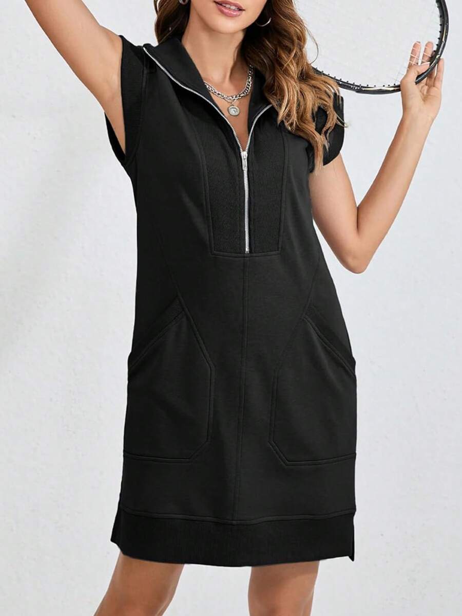Women's Sporty Casual Sleeveless Knit Dress Half Placket Pullover Threaded Locked Edge - 黑色 - 查看 1