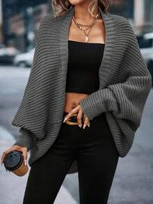 Áo khoác cardigan nữ kiểu dáng thanh lịch, chất liệu móc len, màu trơn, tay cánh dơi, thích hợp mặc hàng ngày và trong các dịp lễ hội, mùa đông. - Màu xám đen - Xem 6