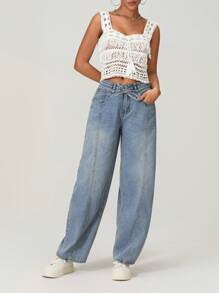 Womens Barrel Jeans Fashion Mid Rise Wide Leg Loose Denim Pants Baggy Trousers With Pockets - Light Wash - View 2