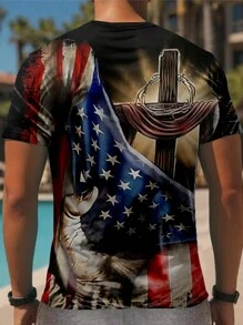 男士美国国旗印花圆领短袖休闲 T 恤，夏季 - 彩色 - 查看 5