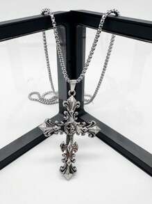 rundraw 1 件十字形花卉图案金属吊坠项链，男女通用，适合派对，适合日常服装配饰 - 復古銀色 - 查看 4