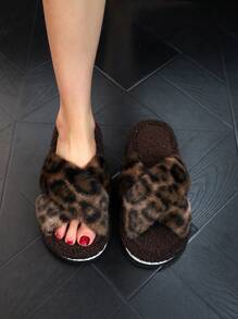 Leopard Print Open Toe Cross-Strap Fluffy Women's Slippers, Lightweight & Comfortable, Plush Home Slippers For Fashion Conscious Ladies