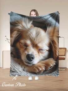 Customizable - Personalized Cat, Dog, Or Human Portrait Photo Custom Blanket, Machine Washable, Flannel Material, Suitable For Bedroom, Living Room Use As Throw Blanket, Loved By Fans And Pet Lovers, Room Decor, Fan Merchandise, Great Personalized Gift For Mother's Day, Birthday, Anniversary - White - View 2
