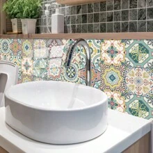 10 件花卉印花瓷砖贴纸，自粘 PVC 墙纸，适用于厨房、客厅、浴室墙壁、地板、桌子、橱柜和其他家居装饰翻新 - 彩色 - 查看 4