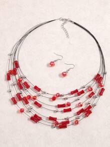 1pc Middle Eastern Style Bamboo Knot Layered Necklace & 1 Pair Glass Bead Earrings, Fashionable Jewelry Set For Women