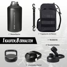 OneTigris Tactical Half Gallon Water Bottle With Straw - 64 Oz Vacuum Insulated Stainless Steel Water Jug, Leakproof Sport Bottle With 3 Lids, Paracord Handle & MOLLE Water Pouch For Outdoor - 黑色 - 查看 7