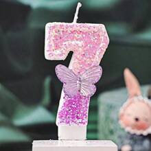 1pc Sparkling Happy Birthday Celebration Candles - Glittery Purple Ombre Butterfly Designed Birthday Number Candles (0-9), Cake Topper Decor For Birthday, Anniversary, Graduation Party, Adult Gathering, Dessert Table Decorations, Baking Supplies, Party Decorations,