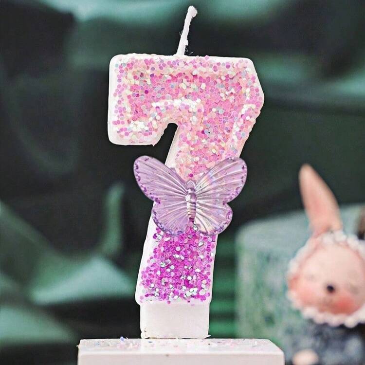 1 件闪亮生日快乐庆祝蜡烛 - 闪亮紫色渐变蝴蝶设计生日数字蜡烛 (0-9)，生日、周年纪念、毕业派对、成人聚会的蛋糕装饰，甜点桌装饰，烘焙用品，派对装饰， - 彩色 - 查看 6