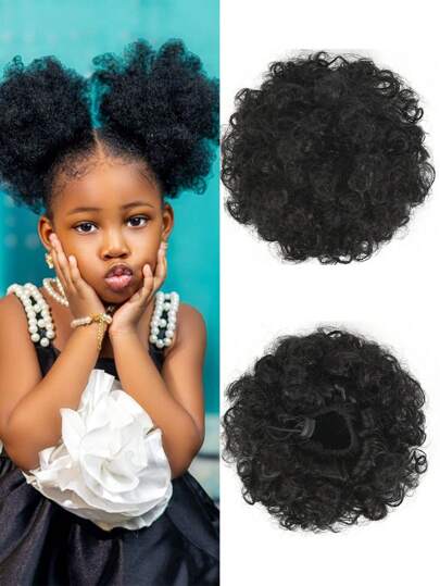 1 件 4 英寸蓬松抽绳马尾辫，适合女孩儿童小尺寸合成发髻，卷曲卷发甜甜圈发髻，适合日常佩戴/万圣节/圣诞节/派对