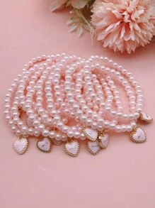 1 Set Of Multiple Pink Heart Shaped Faux Pearl Bracelets, Holiday Gifts For Valentine's Day