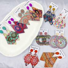 10 pares/paquete Pendientes de madera vintage con estampado colorido para mujeres, set de pendientes de pareja estilo bohemio variado para fiesta, boda, uso diario, regalos de joyería de moda, envío aleatorio