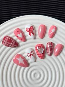 10 pezzi/confezione Unghie finte a forma di mandorla fatte a mano, decorazione 3D multicolore a farfalla e cuore, unghie finte a copertura totale brillanti per il fai da te, ideali per San Valentino - Multicolore - Visualizzare 5