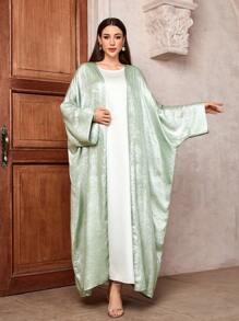 One Piece Women's Shiny Batwing Satin Open Kimono Abaya Muslim Kaftan Dress Islam Clothing Robe Outwear Long Coat - Mint Green - View 1