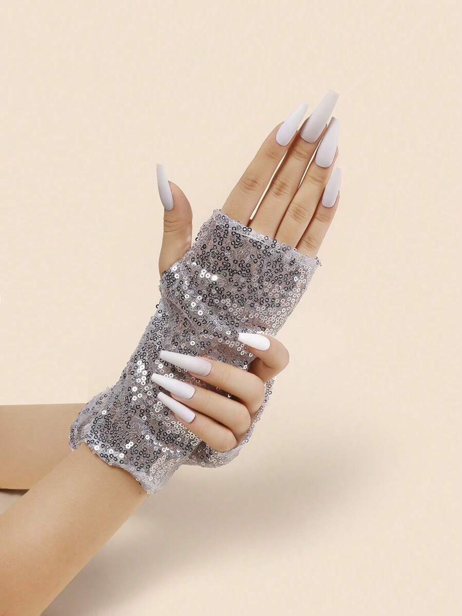 1 Pair Short Fingerless Gloves With Reflective Sequins, Nightclub/Stage Performance Gloves