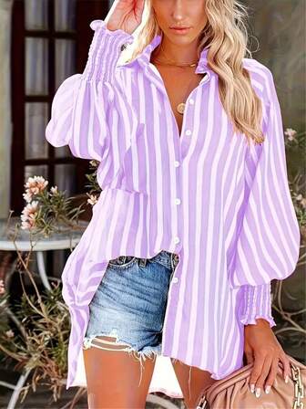Plus Size Randig Tvättad Vintage Loose Fit Button Down Lantern Sleeve Casual Shirt