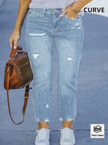 Quần jeans nữ cỡ lớn rách lưng thun, phong cách thời trang đường phố châu Âu và Mỹ, thường ngày, mùa xuân. - Rửa nhẹ - Xem 2