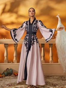 Vestido abaya con mangas acampanadas y bordado floral elegante, para fiesta, modesto, caftán de primavera, vacaciones, color rosa - Rosa - Ver 4