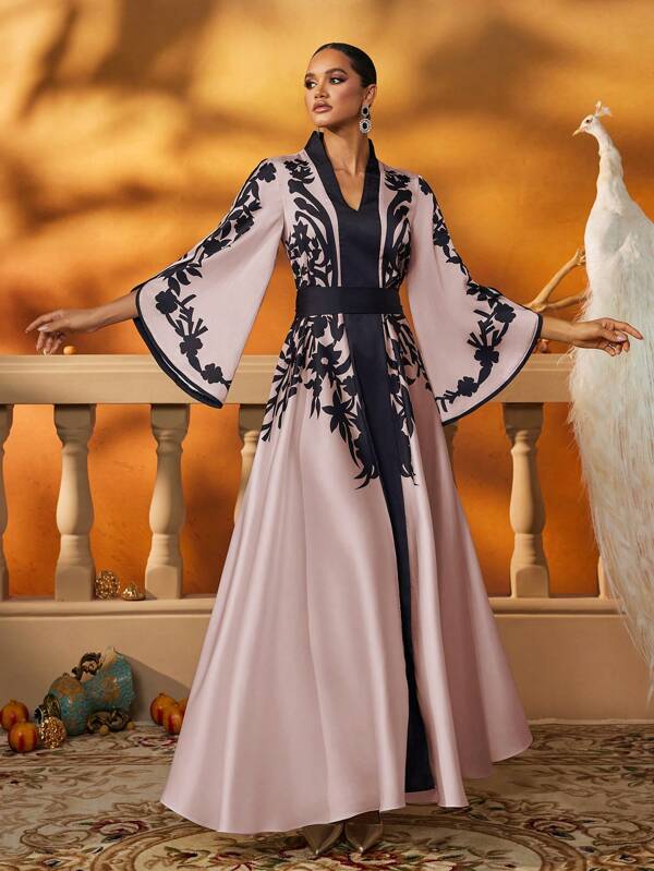 Elegant Floral Embroidered Flare Sleeves Abaya Dress, Party, Modest Kaftan