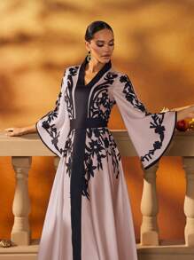 Vestido abaya con mangas acampanadas y bordado floral elegante, para fiesta, modesto, caftán de primavera, vacaciones, color rosa - Rosa - Ver 8