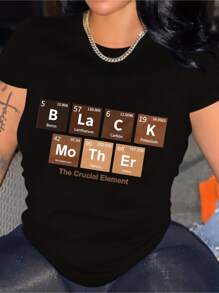 Women'S Casual Crew Neck T-Shirt With Elemental Periodic Table Applique, Polyester & Spandex Knit Fabric, Short Sleeve Top For Spring/Summer, Mother'S Day Gift Idea - màu đen - Xem 1