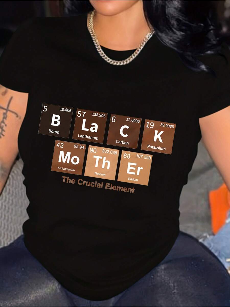 Women'S Casual Crew Neck T-Shirt With Elemental Periodic Table Applique, Polyester & Spandex Knit Fabric, Short Sleeve Top For Spring/Summer, Mother'S Day Gift Idea - màu đen - Xem 1